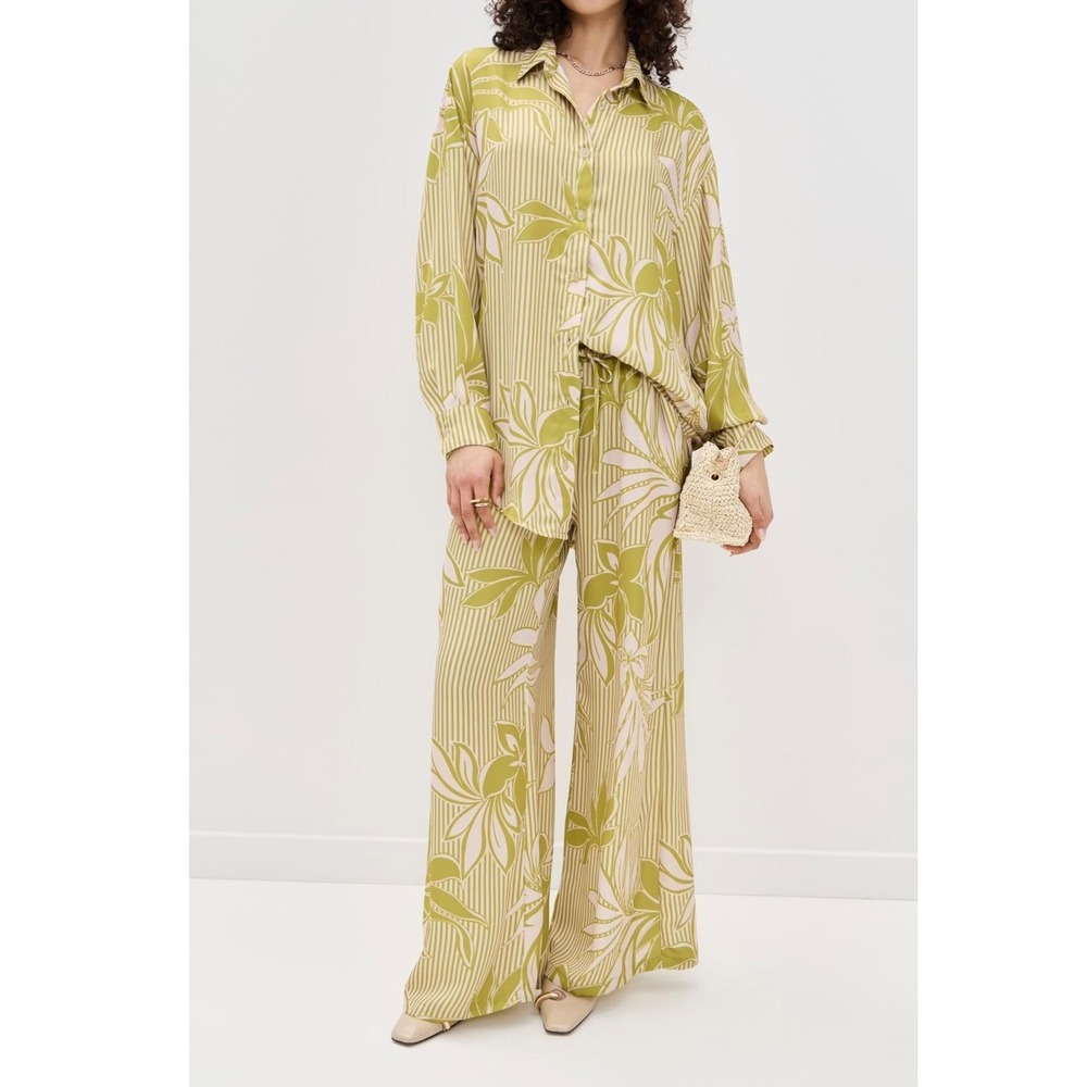 NEW Resa 3 Piece Set Striped Floral Westcott‎ Chartreuse Oversized Satin Size S